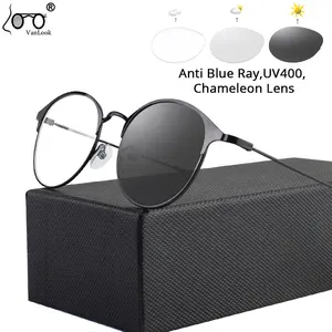 Chameleon Anti Blue Ray Computer Gaming Protective Glasses Photochromic Sunglass Round Metal Fashion