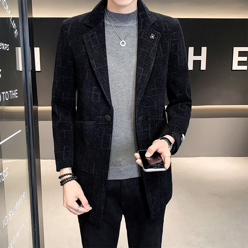 

2021 Winter Woolen Blazer Men Korean Slim Jacquard Casual Suit Jacket Mid-length Wedding Business Formal Dress Coat Veste Homme