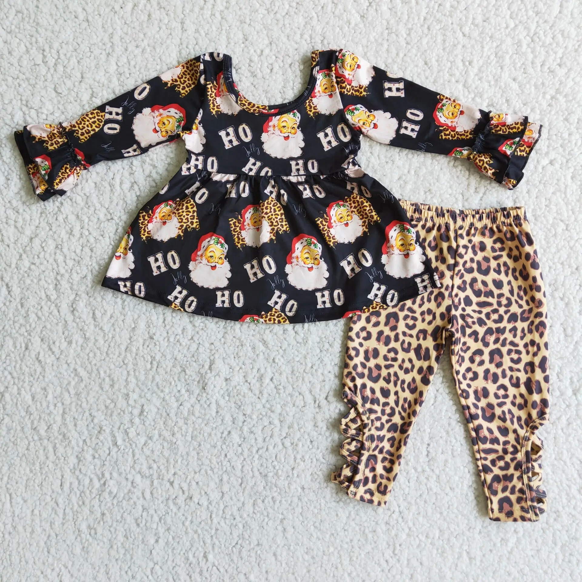 

Christmas Santa Outfits Baby Girls Long Sleeves Top Leopard Pants Kids Clothing Children Wholesale Boutique Popular Sets