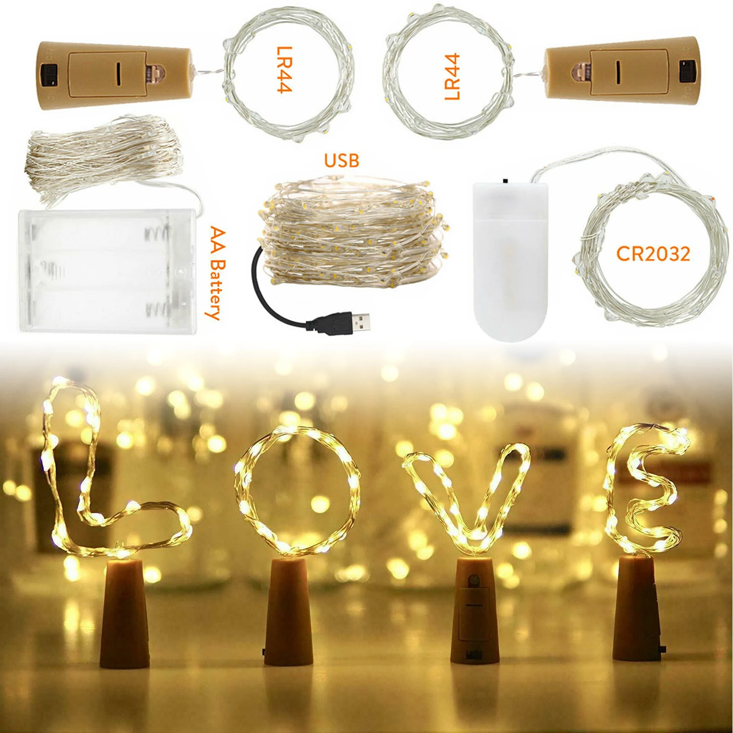 9 Colors 1M 2M 3M 5M 10M LED String Light Cork Fairy Lights Garlands Holiday Lamp USB/Battery Powered for Xmas New Year Decor