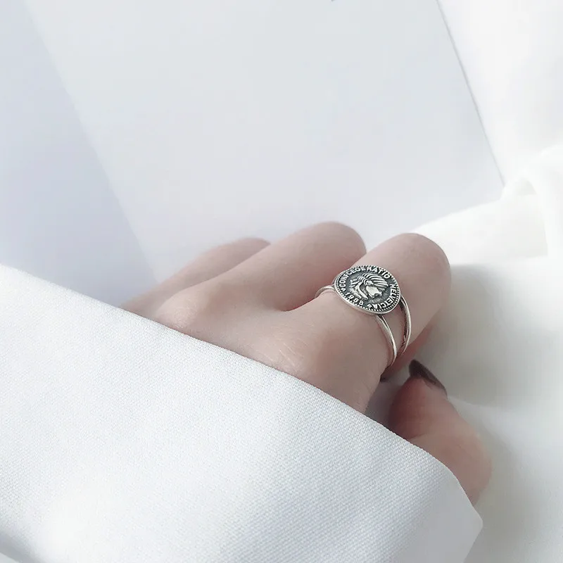 Fengxiaoling 100% Genuine 925 Sterling Silver Retro Style Portrait Coin Rings For Women Fine Jewelry Cute Accessories | Украшения и