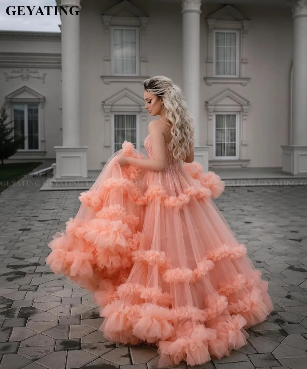 Vestidos de 16 años, арабское Коралловое Тюлевое Пышное Бальное Платье, пышные платья пикантные тонкие бретельки, бисерные Бальные платья из Дубаи