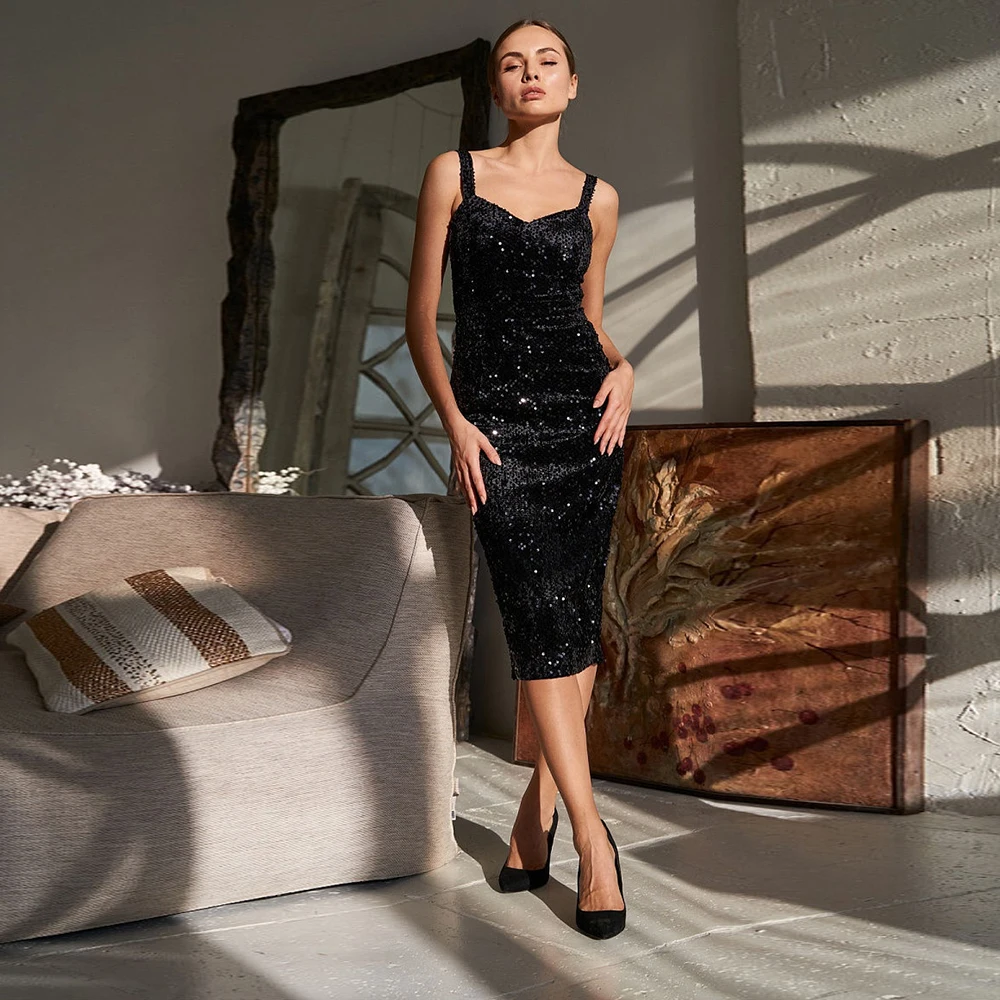 

Женское вечернее платье на бретельках, черное прямое платье с блестками, длина ниже колена, без рукавов, плать