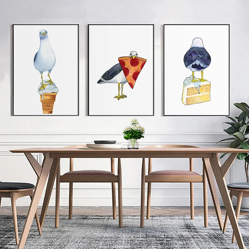 Чайка с пиццей торт мороженое акварель забавная кухня настенный художественный
