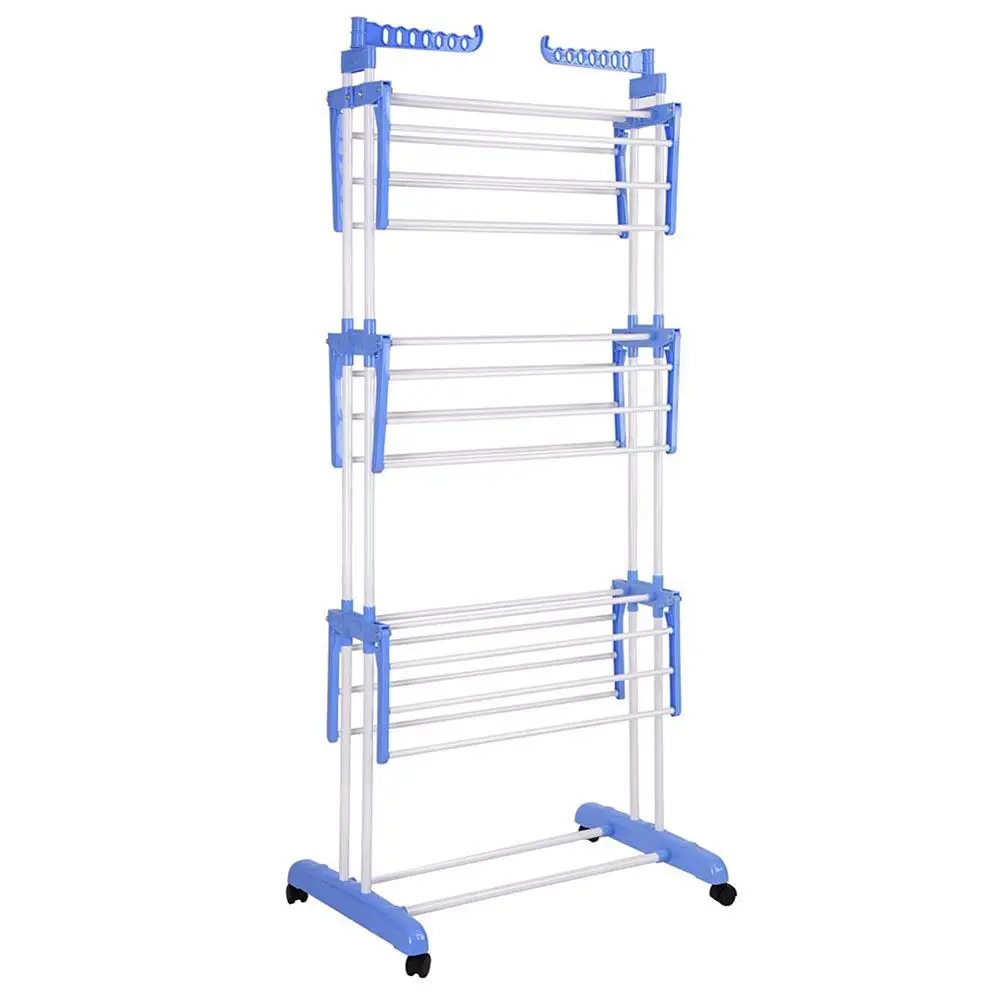 

Folding Clothes Dryer Hanger Three-layer Floor Standing Coat Rack with Wheels Clothes Hanging Drying Hanger