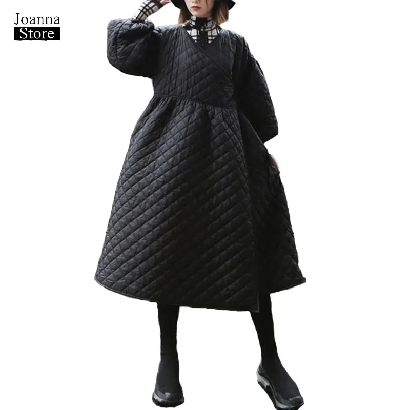 

Winter jacket women irregular plus size long coat vintage elegant jackets lantern sleeve loose high street coats V neck outwear