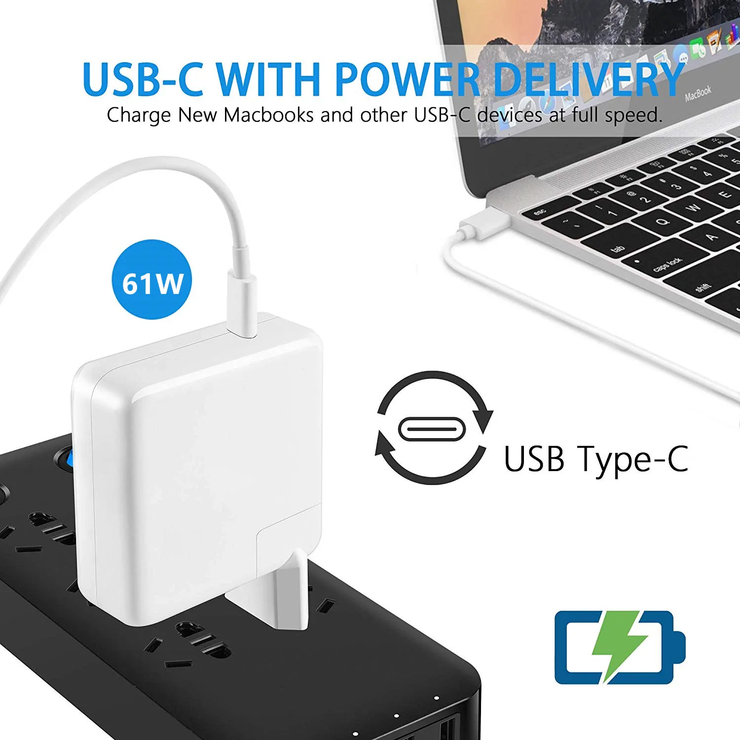 MacBook Pro зарядное устройство, 61 Вт USB-C в USB-C адаптер переменного тока зарядное устройство для MacBook Pro 12 дюймов 13 дюймов, MacBook Air, с кабелем C