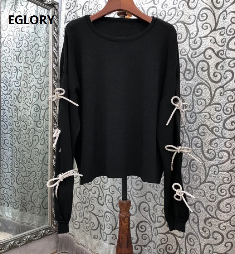 

2020 Autumn Winter Fashion Black Sweaters High Quality Women Crystal Beading Bow Deco Long Sleeve Casual Wool Knitted Pullovers