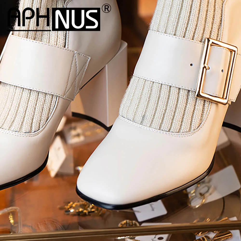 

APHNUS Womens Boots Belt Buckle Short Ankle Booties Mid High Heels Pumps Woman 2020 Shoes For Women New Boot