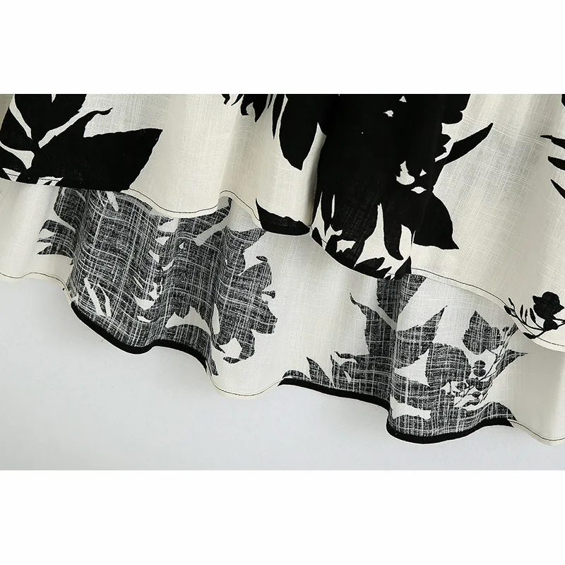 

New Women Vintage black leaves print Asymmetric midi skirt Fashion Summer 2021 New lady buckle sashes fashion ruffles skirts