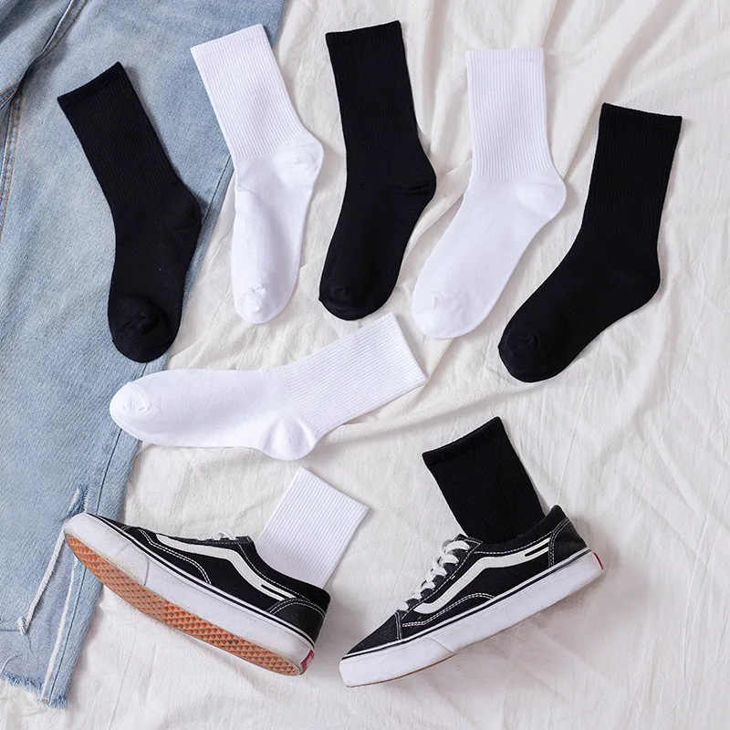 Calcetines blancos y negros para mujer, medias de Color sólido puro, conjunto de calcetines cortos de algodón, lote de 5 pares