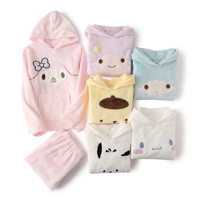 

Осенне-зимний бархатный костюм Cinnamoroll My Melody из кораллового бархата с милым мультяшным капюшоном утепленная верхняя одежда Зимний домашний ...