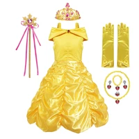 girls cosplay belle princess dresses beauty and the beast kids party clothing wand crown gloves children costume
