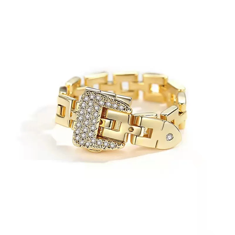 Crystal Bling Zircon Belt Buckle Rings Metal Adjustable Chain Ring Luxury Statement Finger for Women Fashion Jewelry Gifts | Украшения и