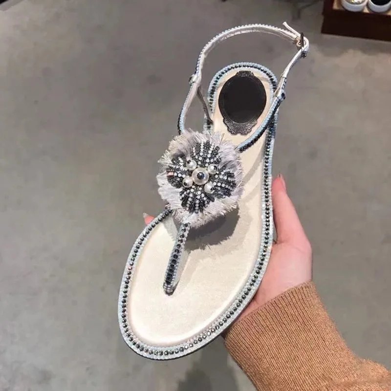 Сандалии женские с бахромой плоская подошва клипсой летняя пляжная обувь стразы