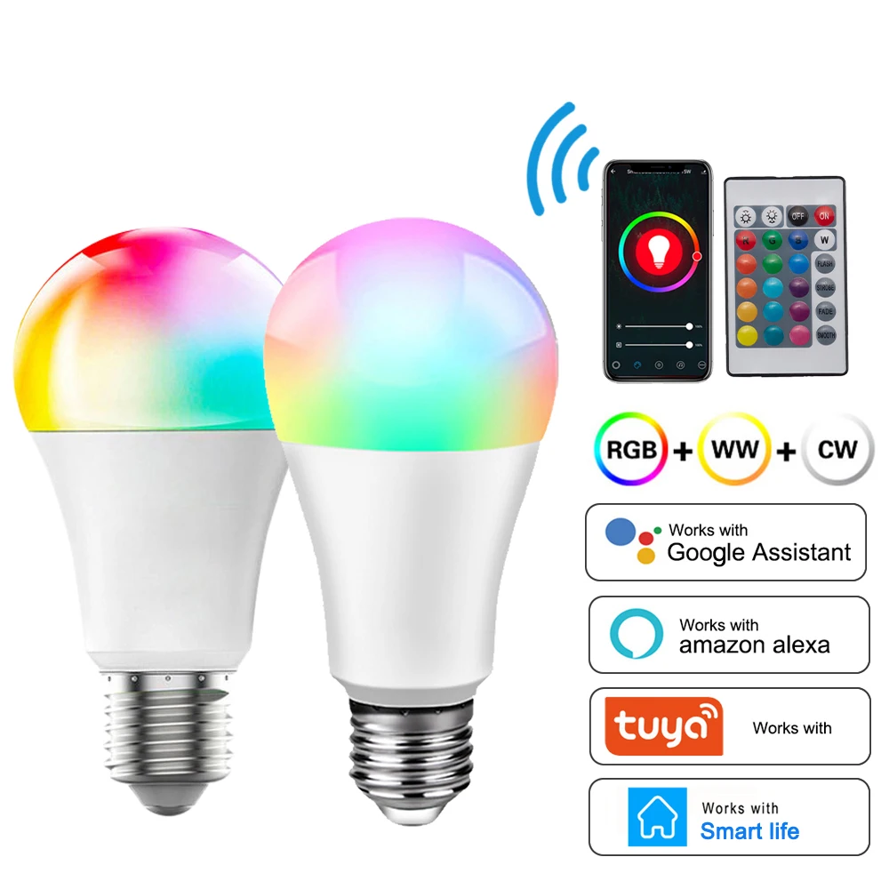 

Энергосберегающая светодиодная лампа E27, умный пульт дистанционного управления с Wi-Fi, RGB + CW, с регулируемой яркостью, с приложением для гости...