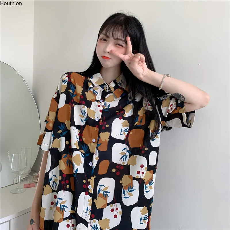 

Houthion Chiffon Loose Women's Blouses New Casual Blouse Fashion Short Sleeve Top Flower Print Buttons Polo Shirt Summer