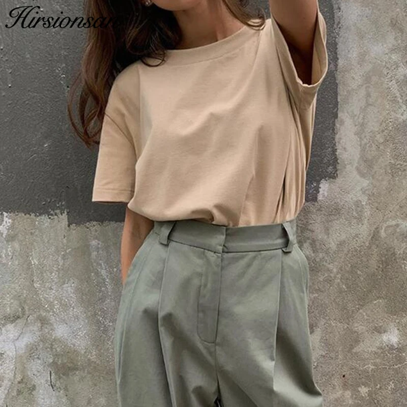 

Hirsionsan Basic Cotton T Shirt Women Summer New Oversized Solid Tees 7 Color Casual Loose Tshirt Korean O Neck Female Tops