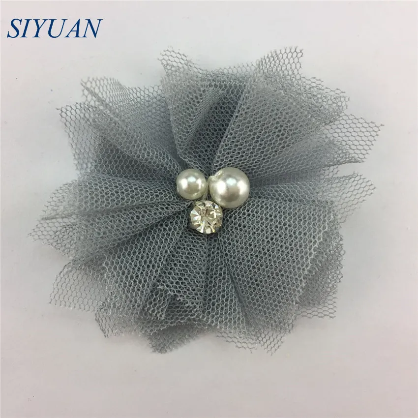 3-gray 10 шт./лот, 5 см, сетка, тюль, Fbric, цветок, стразы, для детей, жемчуг, бисер, шикарная повязка с цветами, сделай сам, аксессуары для волос F27 - Цвет: 3-gray