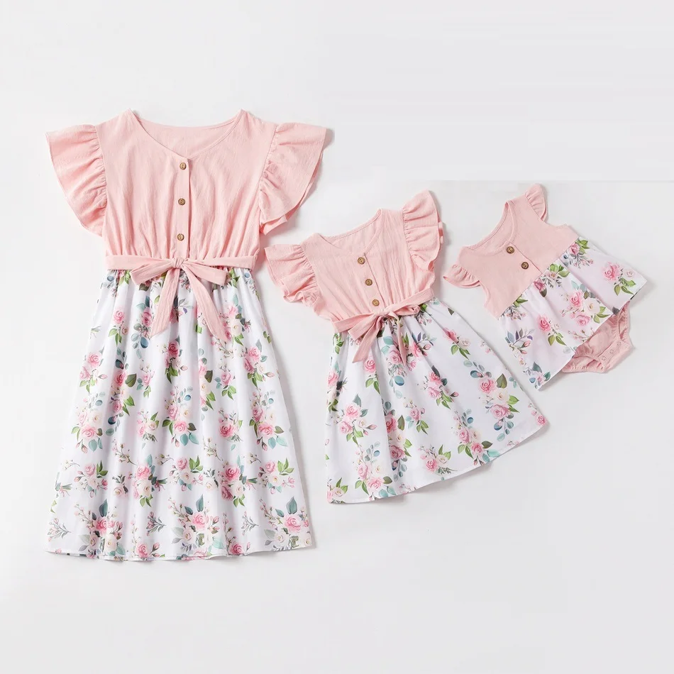 

Family Set Flower Printed Mother Daughter Macthing Dresses Mommy and Me Clothes Ruffled Sleeve Women Girls & Baby Dress Outfits