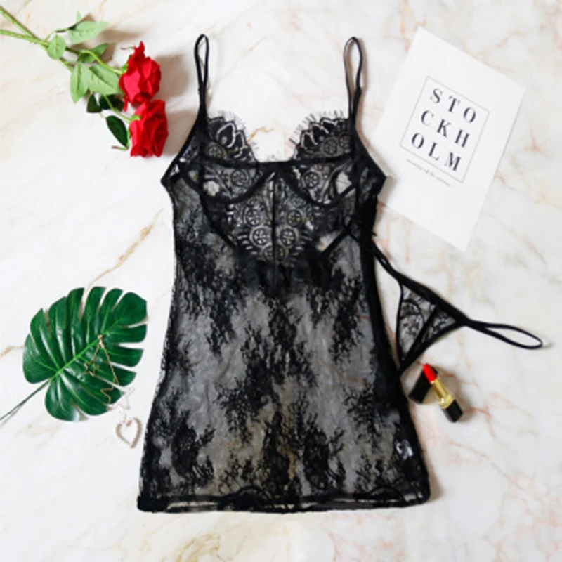 

Lace Night Dress See through Lingerie Nightgown Mini Nightwear Women Sleep Dress With G String Panties Night Gown Sleepwear Sexy