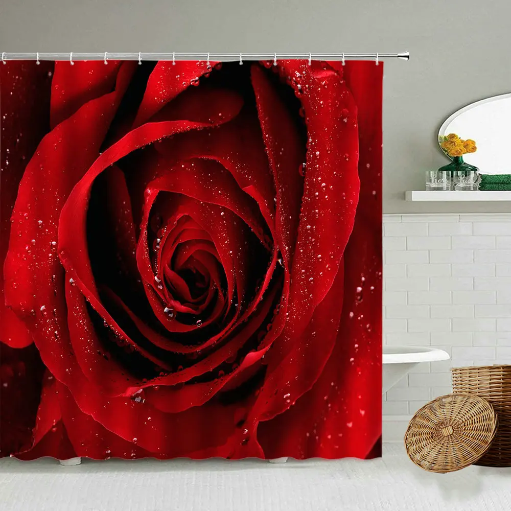 

Red Rose Flower Petal Shower Curtain Love Romantic Theme Bathroom 3D Waterproof Polyester Screen Valentine's Day Decoration Set