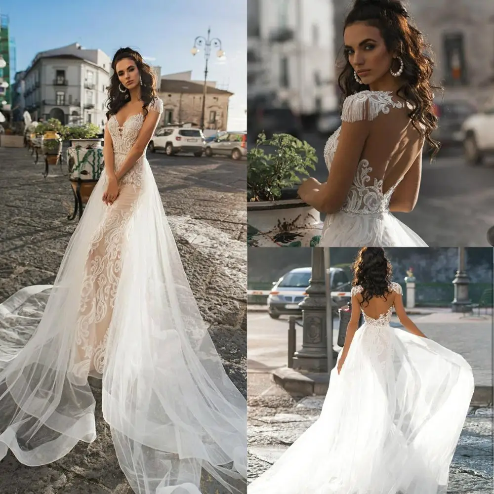 Женское свадебное платье с открытой спиной юбкой годе со съемным шлейфом и