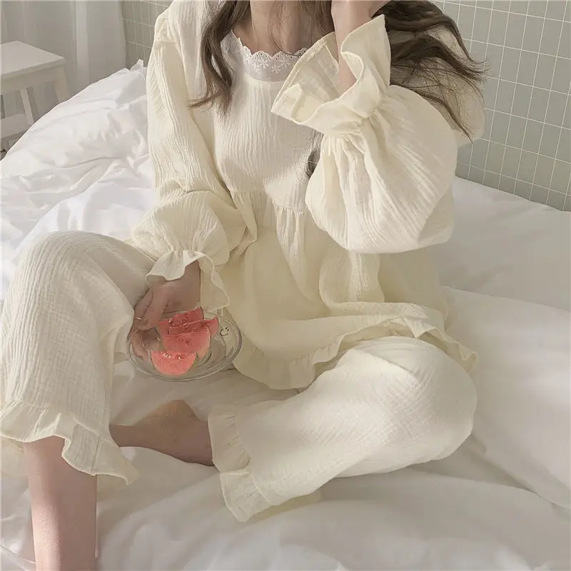 QWEEK Korean Sleepwear Women Lace Pijama Autumn Pajamas for Girls Female Set Woman 2 Pieces Pyjamas Long Sleeve Nightwear Suit