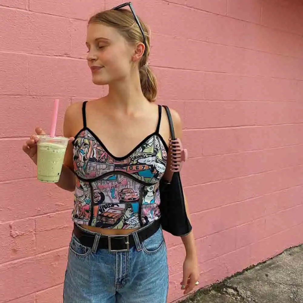 

Cartoon Print Camisole Top Women Sleeve Patchwork Summer V-Neck Fashion Spaghetti strap Crop Top Women Print Casual