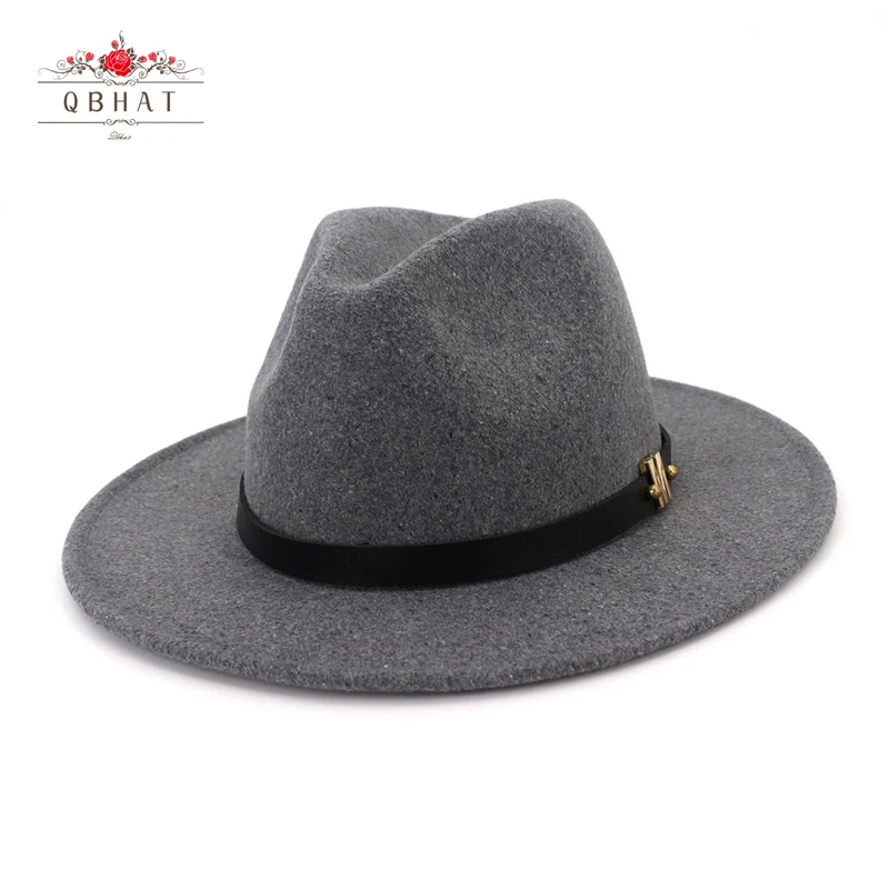 

QBHAT Plain Dyed M Letter Leather Decorated Trilby Hat Jazz Wool Felt Fedora Hats Men Women Flat Brim Panama Gambler Cap