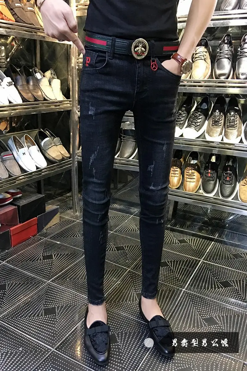 

2021 Social guy tight-fitting feet teenager denim pants men's Korean spring new wild thin stretch jeans men's pencil trousers