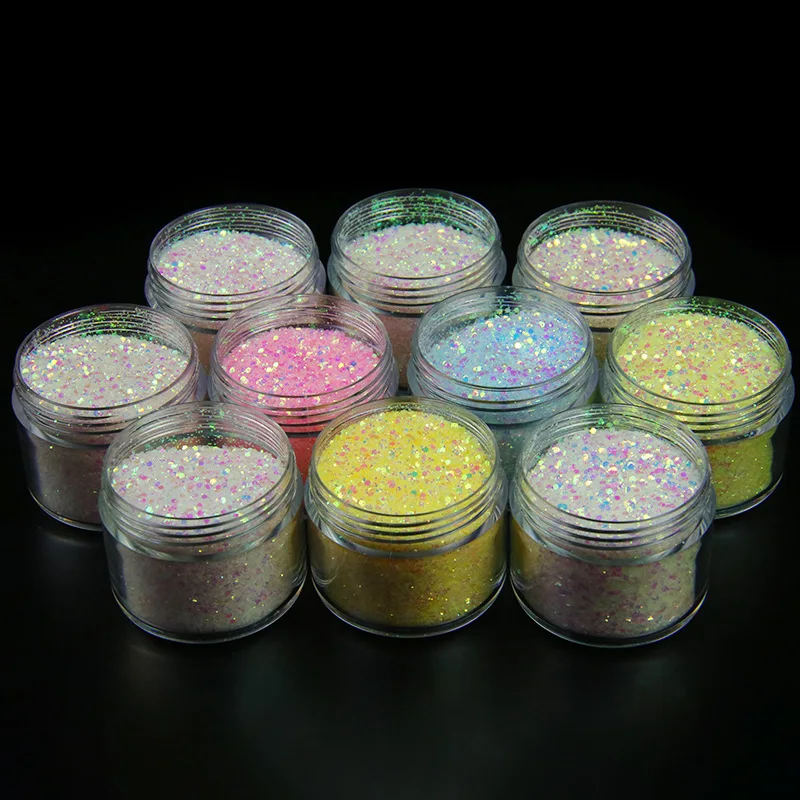 

10 Colors /Set Holographic 10ml/Box UV Color Changing Nail Glitter Powder 0.2mm&0.4mm&1mm Iridescent Nail Powder Dust
