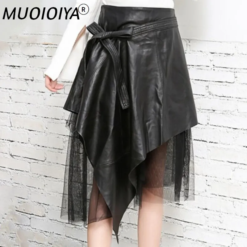 

Модные элегантные юбки из натуральной кожи, женские юбки с высокой талией, женские черные сетчатые трапециевидные юбки из настоящей овчины ...