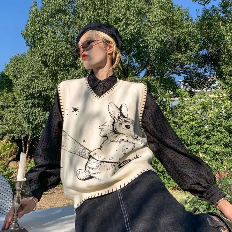 

Женский жилет 2021 осень и зима новый Y2K Готический вязаный жилет с v-образным вырезом японский Детский милый свитер жилет женская одежда жиле...