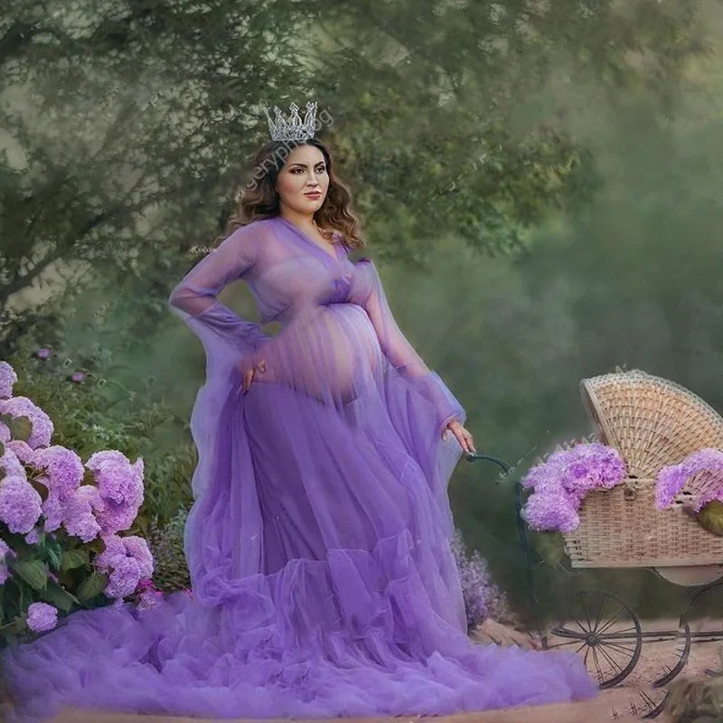 

Photo Shoot Tiered Evening Dresses Lavender Abito da sera Full Sleeve Sheer Maternity Dress Mesh Abendkleider Vestido de festa