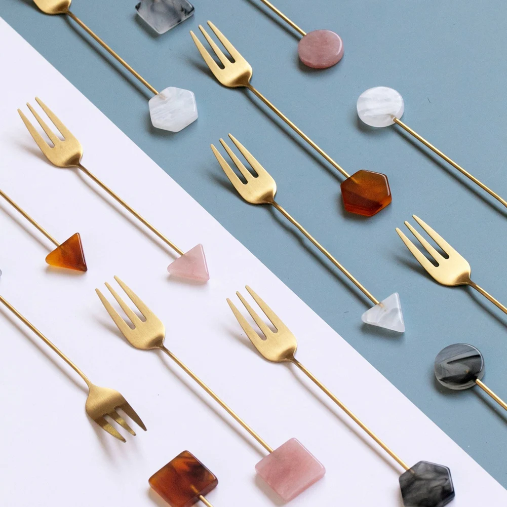 4pcs Stainless Steel Small Spoon Fork Set INS Coffee Tea Stirring Household Gold-Plated Acrylic Geometric Shape Spoons Forks | Дом и сад