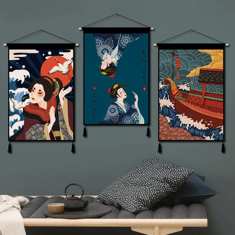 

Japanese Ukiyoe Canvas Scroll Paintings Posters Sushi Restaurant Wall Art Decorative Aesthetic Hanging Scroll Painting Tapestry
