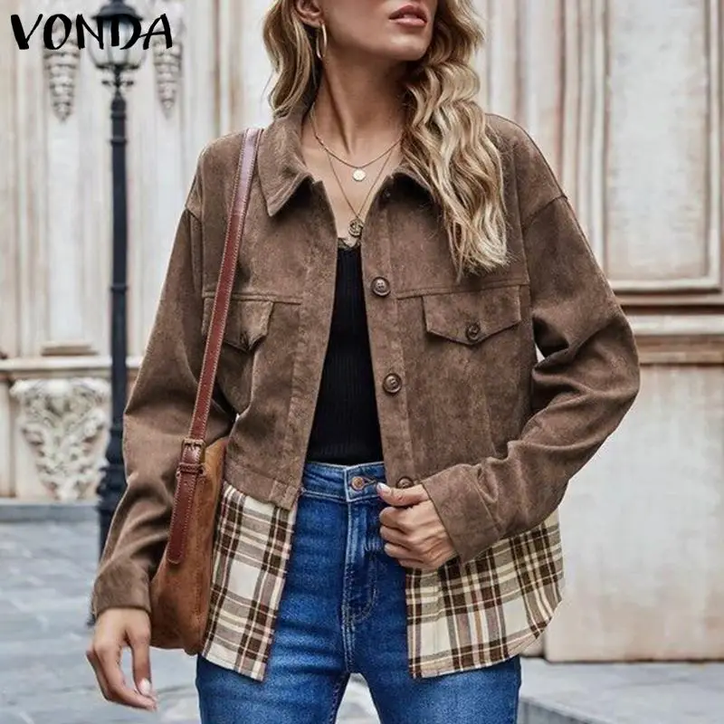 

VONDA Women Short Coats Vintage Checked Plaid Patchwork Long Sleeve Jackets Veste Autumn Lapel Collar Button Up Loose Outerwears