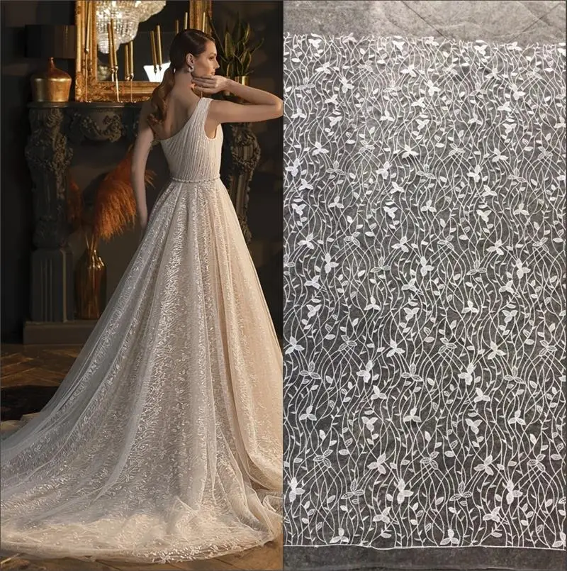 

Forest Plants Embroidery Leaves And Flowers Net Yarn Lace Fabric Wedding Dress Material V2574