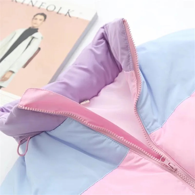 

Harajuku Winter Women Rainbow Parkas Thicken Contrast Loose Cotton-Padded Jacket Casual Striped Oversize Coat Warm Fluffy Parka