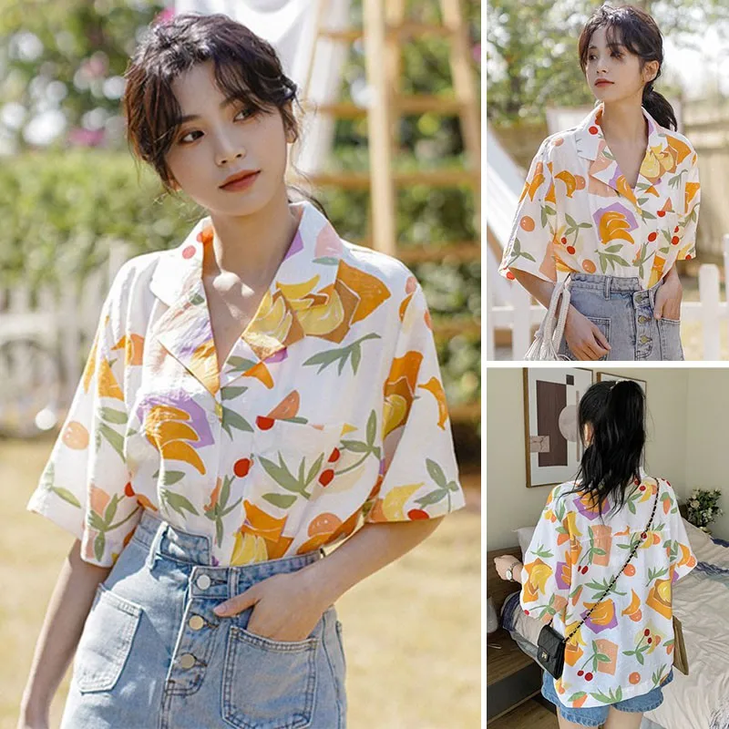 

Casual Shirt Summer Korean Printed Shirts Lapel Short-Sleeved Chiffon Top Female Design Sense Tops Vetements Femmes