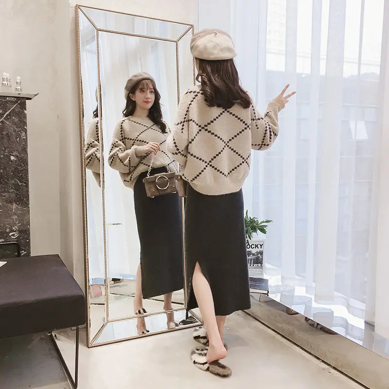 

[No hair] imitation mink velvet sweater women's loose plaid knitted top new mink velvet bottoming shirt