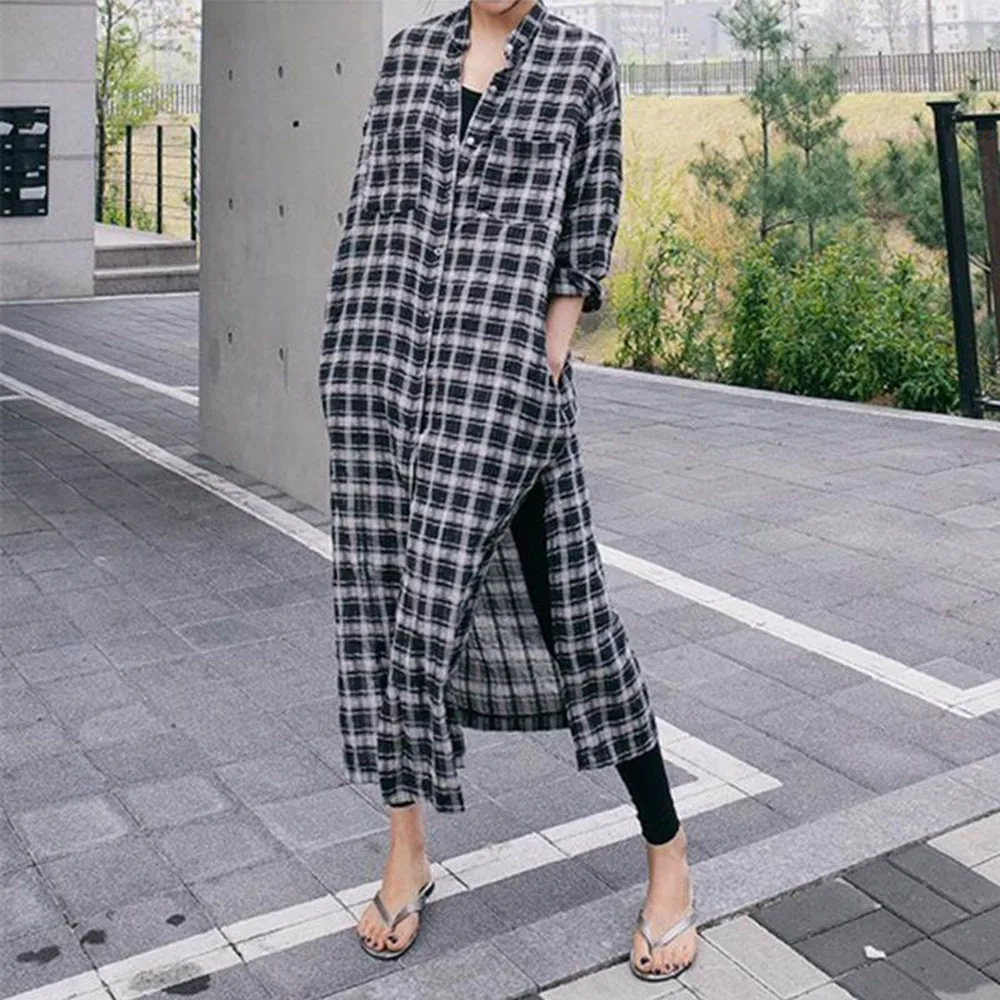 

2021 Autumn New Plaid Shirt Dress Korean Version Japanese Loose Casual Long Dress Round Neck Long Sleeve Simple Split Women