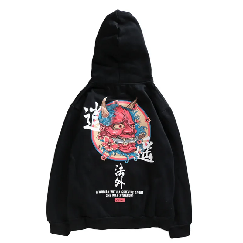 

Men's hip hop hoodie, chinese ghost character print, hooded sweatshirt, harajuku style, casual, cotton, black, fall 2021