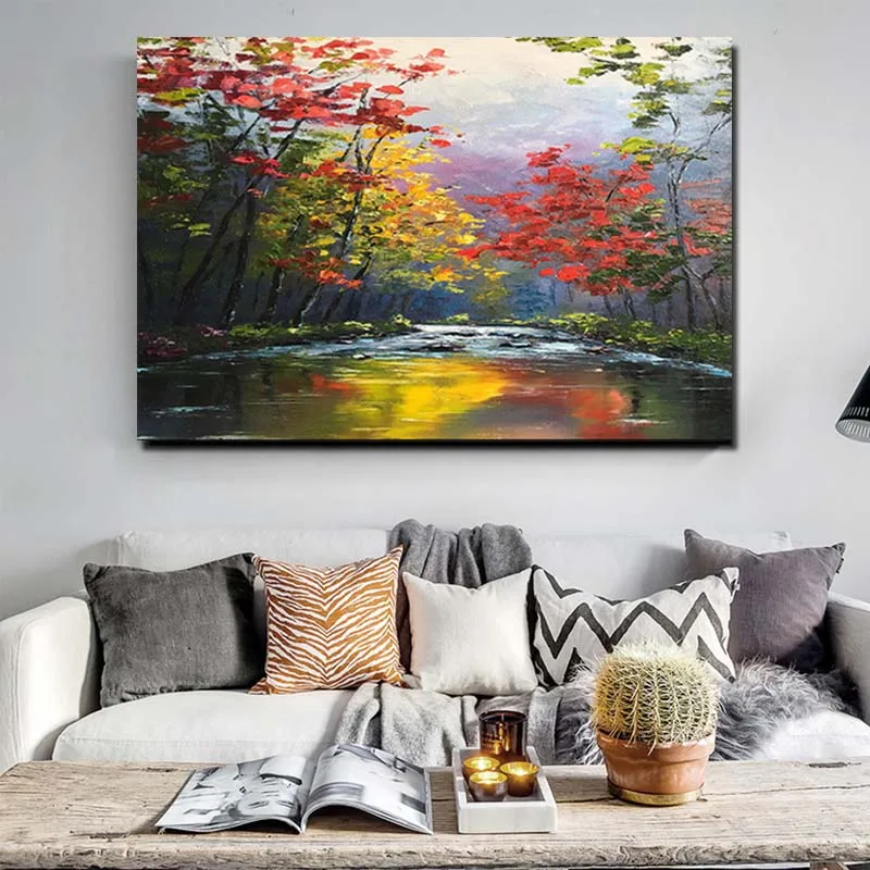 

Hand Painted Abstract Forest River Landscape Wall Picture Canvas Oil Painting Living Room Home Wall Art Decoration Drop Shipping