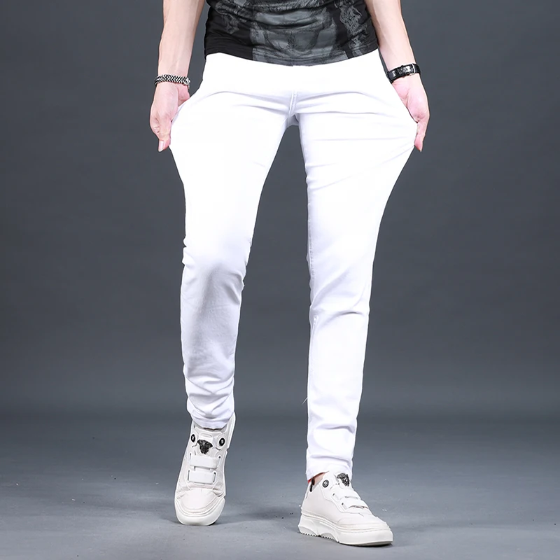 Summer Men's Slim Fit White Jeans Fashion Korean Style Cotton Lightweight Denim Pants