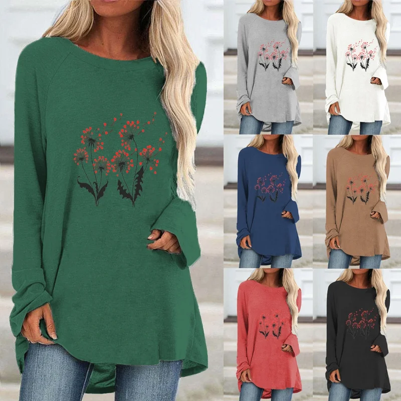 

Женский пуловер с круглым вырезом, Свободный свитшот с длинным рукавом и принтом, Повседневная Однотонная футболка большого размера на осень