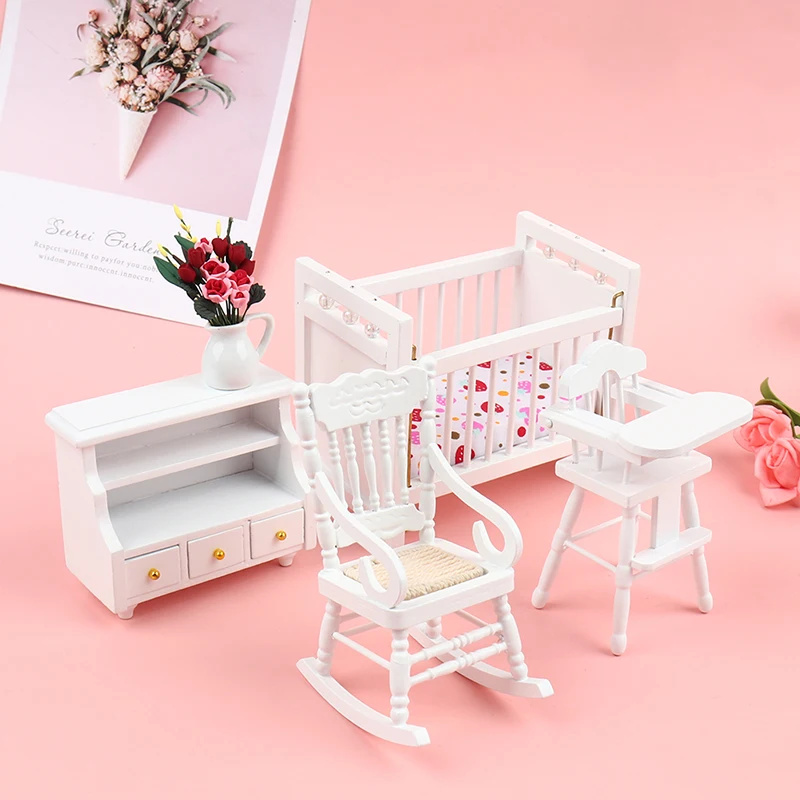 

5Pcs/Set 1:12 Dollhouse Miniature Baby's Room Furniture Set Crib Closet High Chair And Vase Decoration