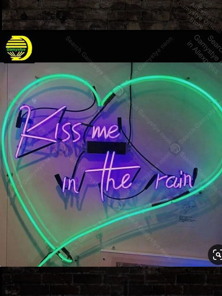 

Неоновый светильник Kiss me in the rain, настоящая неоновая подсветка в форме сердца ручной работы для комнаты отдыха, характерная неосветильник по...