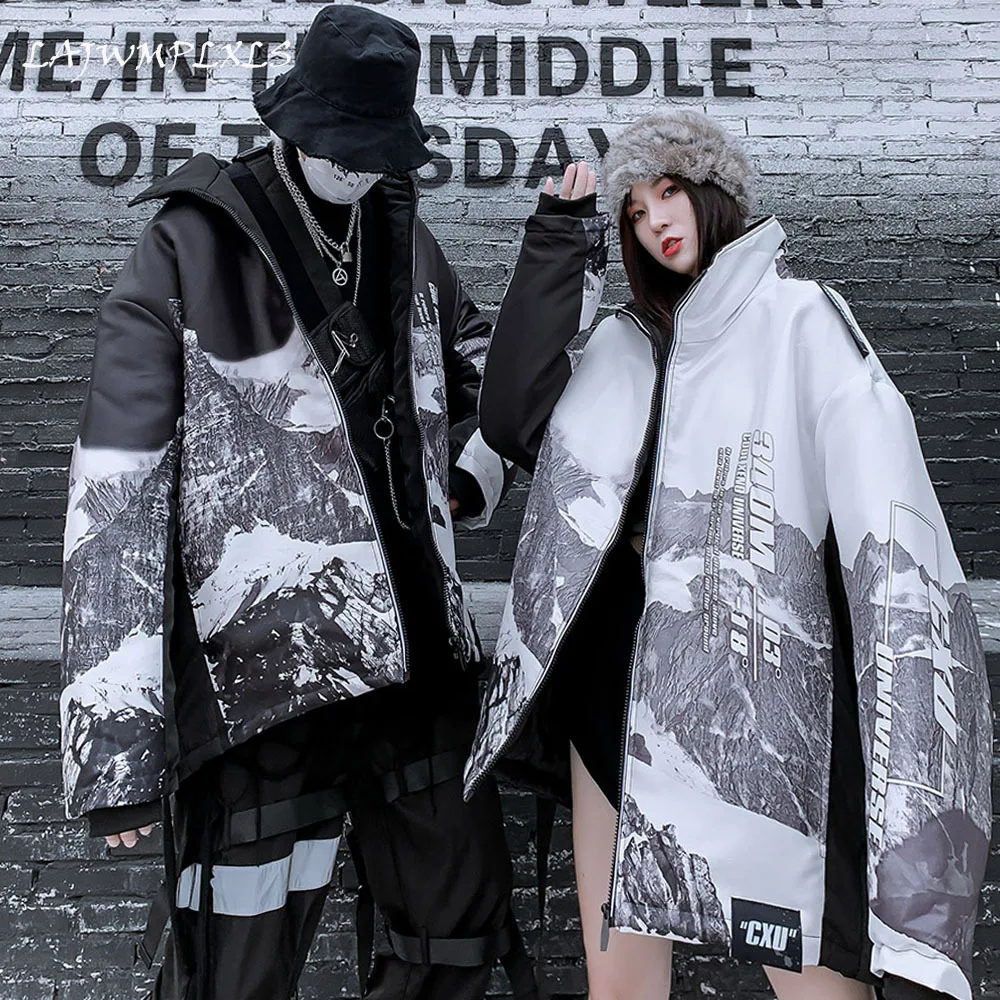 

Gradient Color Snow Mountain Graphic Thicken Men Winter Coat Oversize Parkas Harajuku Korean Style Male Warm Jacket
